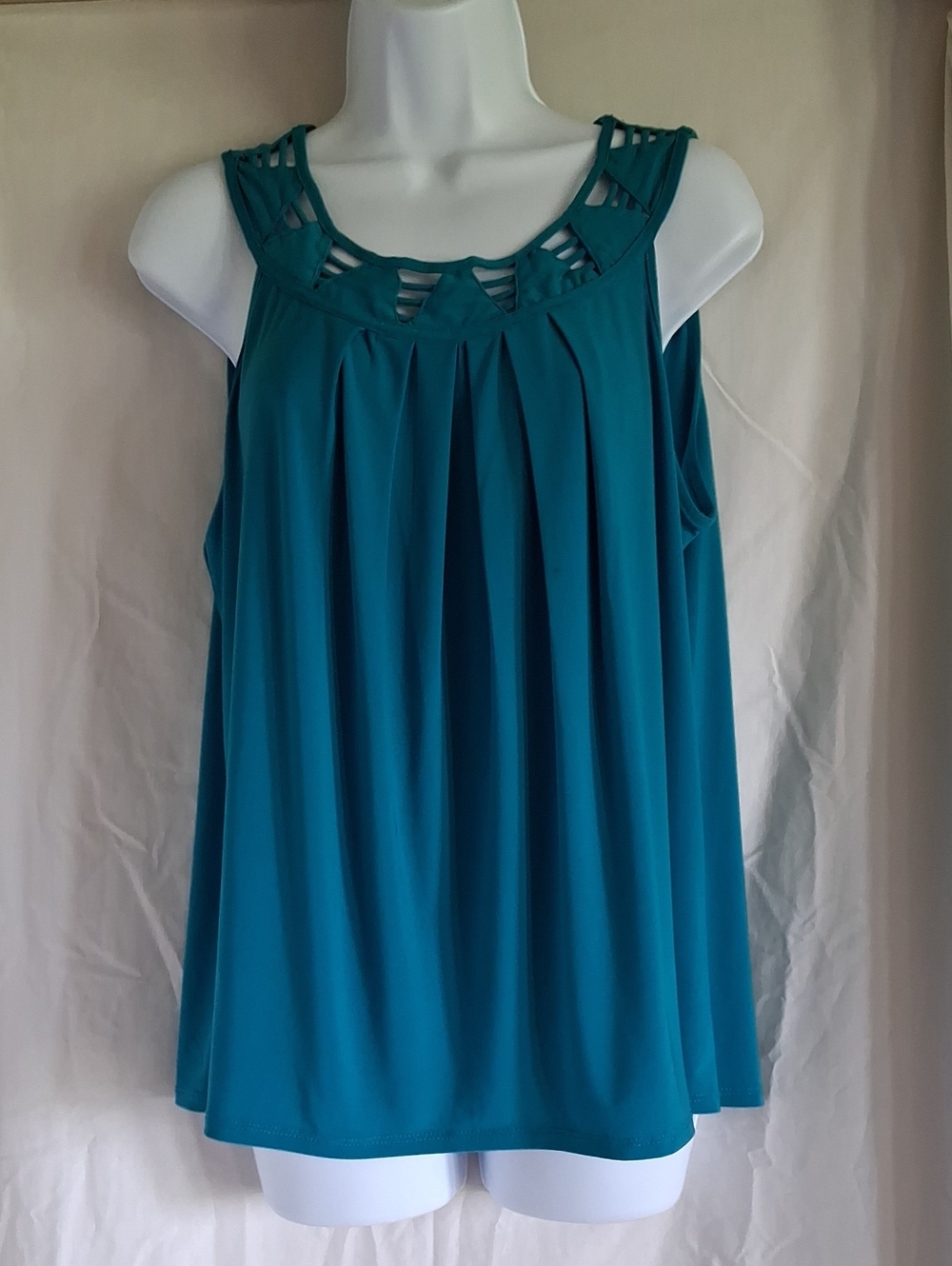 NAIF Teal Sleeveless Pleated Tank with Decorative Yoke